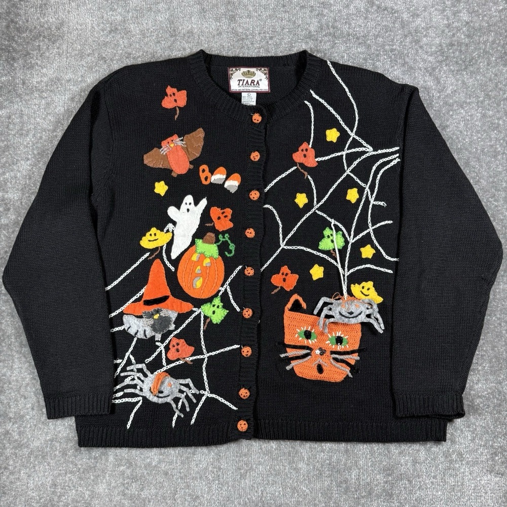 Halloween Cardigan Sweater Women's Large Black Spiders Ghosts Pumpkin Tiara Int
